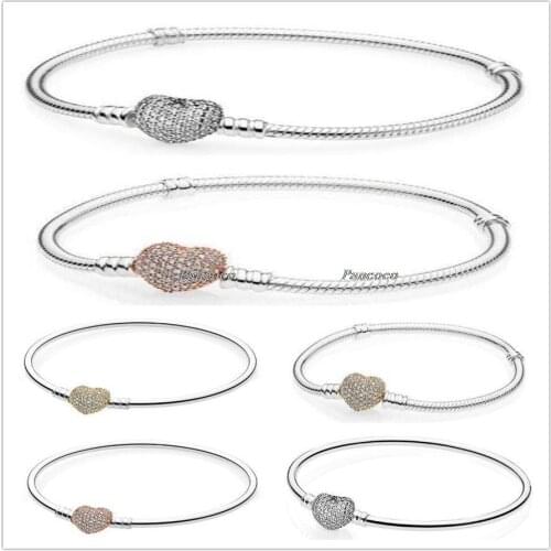 Authentic 925 Sterling Silver Bangle Moments Pave Heart Clasp With Crystal Bracelet Bangle Fit Bead Charm Diy Pandora Jewelry
