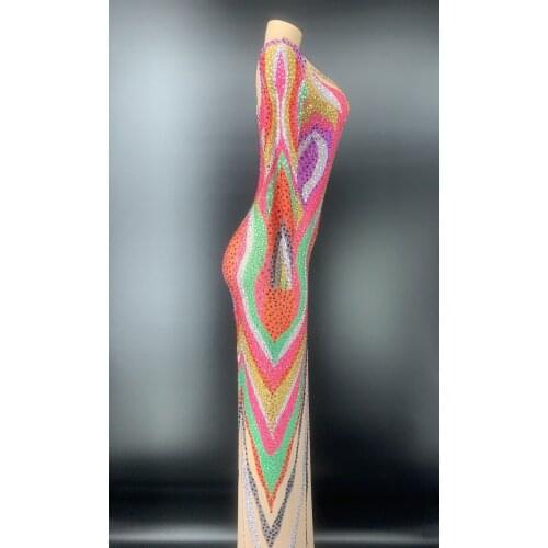 Sparkly Multi-color Rhinestones Long Dress Birthday Celebrate One Sleeve Transparent Dress Women Dancer Dresses
