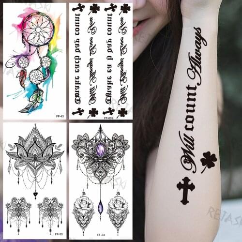 Quotes Letter Cross Temporary Tattoos For Women Dream Catcher Pendant Mandala Fake Jewelry Tattoo Sticker Arm Tatoos Girls