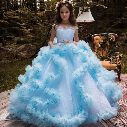 JaneVini Elegant Light Blue Flower Girls Dresses for Weddings 2020 Lace Princess Kids Pageant Ball Gown First Communion Dress
