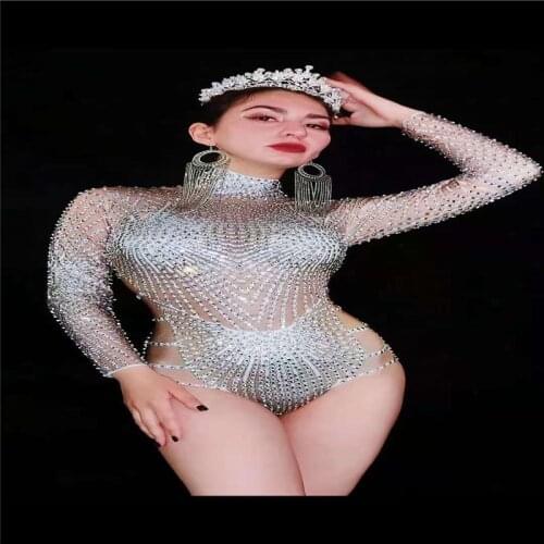 H111 Show Singer Pole Dance Tight Party Elastic Stretched Diamond Drilling Chain Long Sleeve See-Through Pearls Sexy Leotard Gem