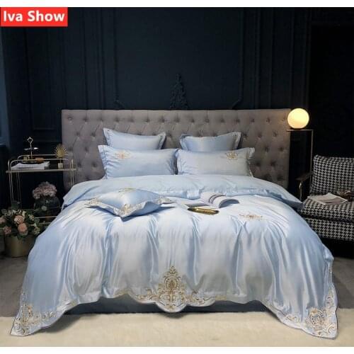 Iva Show Sky Blue Washed Silk Bed Set Fashion Embroidery Bedding Set Solid Color Sheets Broadside Pillowcase Queen / King Size