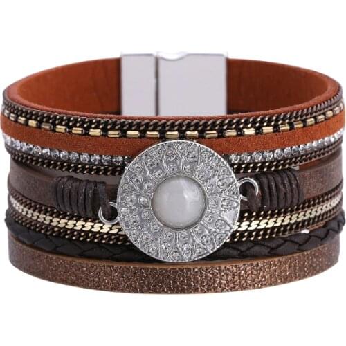 ORNAPEADIA Hot Selling Ethnic Style Bracelet for Women Bohemian Multi-layer Leather Buckle Inlaid Crystal Stone Wholesale