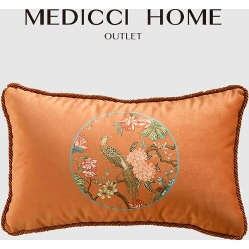 Medicci Home Oriental Art Cushion Cover Hydrangea Flower And Bird Print Accent Orange Velvet Luxury Lumbar Pillowcase 30x50cm