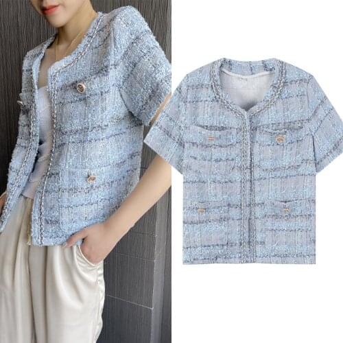 Sweet Girl Heart Tweed Short-Sleeved Jacket Plaid Frayed Short Cardigan 2021 Summer New Branmd Design Luxury Women Clothes