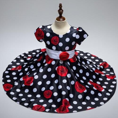 Fashion Summer Baby Girl Dress Big Dot Print with Rose Kids Dresses Children Kids Princess Party Dresses
