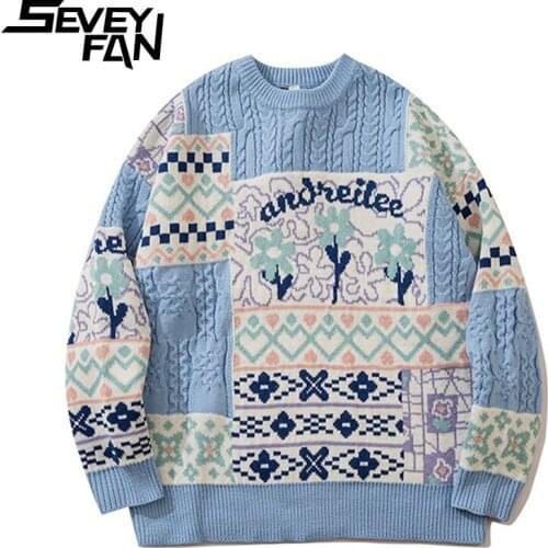 SEVEYFAN Mens Fashion Flower Printed Patchwork Sweater BF Loose Cotton O Neck Pullover Knitwear for Couples