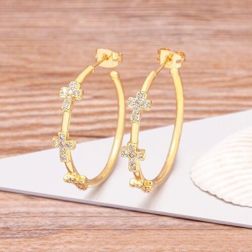 New Classic Cross Shape Drop Earrings for Women Copper Zircon Big Circle Fashion Party Wedding Elegant Decoration Jewelry Gift