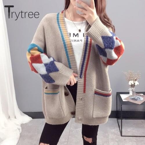 Trytree Autumn Winter Women Sweater Casual V-neck Single Breasted Pockets Computer Knitwear Cardigan Loose Long Sweater Coat