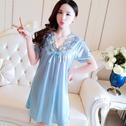 V-neck Sleepdress Korean Version Ice Silk Short Sleeve Lace Skirt Home Nighty Sexy Sleepwear Women Silk Lingerie Sleeping Dress