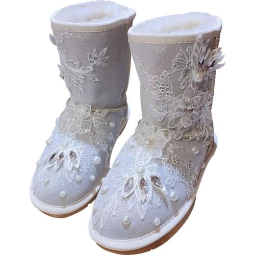 Luxury 2020 Winter Handmade Flower Womens Snow Boots Cow Suede Warm Plush Fur Mid-Calf Boots Sweet Ladies Pearls Botas Mujer