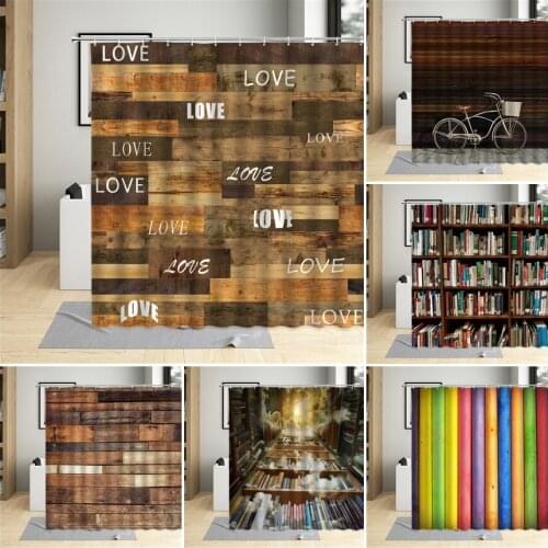 Brown Vintage Old Wooden Board Shower Curtain Library Book Colored Stripe Pattern Bathroom Polyester Cloth Hanging Curtain Sets