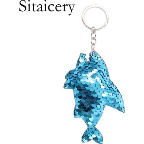 Sitaicery Blue Fish Keychain Charm Glitter Sequins Bag Pendant Car Styling Key Rings Anime Keychains For Women Gifts Accessory