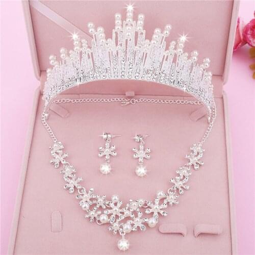 Wedding Pearl Crowns Necklace set for Bride Rhinestone Tiaras Diadem Bridal Wedding Jewelry Sets Headpiece Crystal Crown Tiara