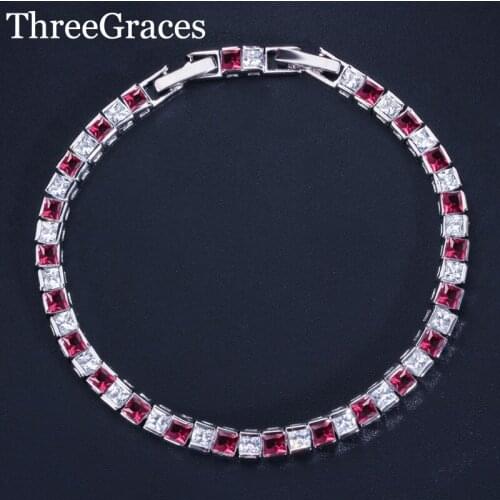 ThreeGraces Fashion Ladies Jewelry Rose Red Cubic Zirconia Crystal Tennis Charm Bracelets Bangles For Women Gift BR047