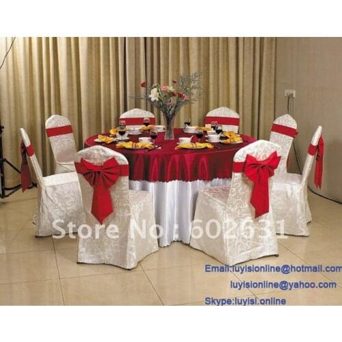 Jacquard white chair cover with red bowknot,100%polyester,washable/durable