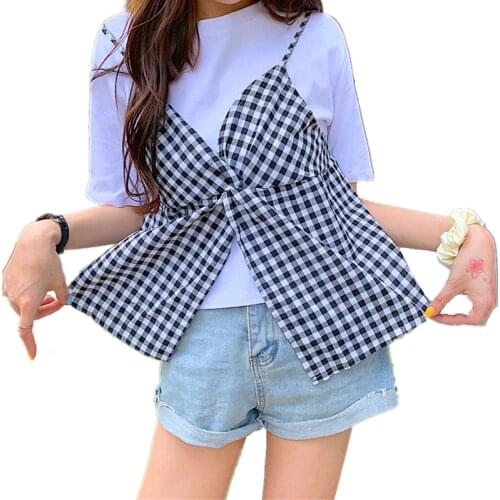 2021 Summer New Womens Fake 2 Pieces T-shirt Plaid Camisole Tee Tops Set Backless Lace Up Tshirt High Street Fashion Clothes