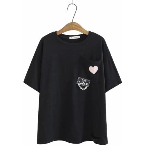 Plus size patchwork embroidery love heart women t shirts 2021 summer pink black ladies tshirts female T-shirts tops oversize