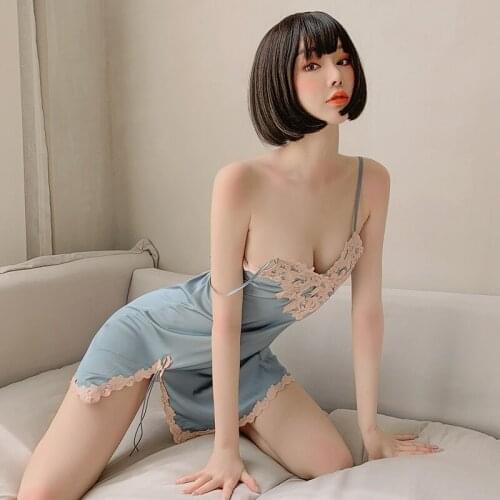 Sexy mousse nightdress for woman sleepwear sloth nightie Lingerie Deep V embroidered side split lace strap Lingerie Tracksuit