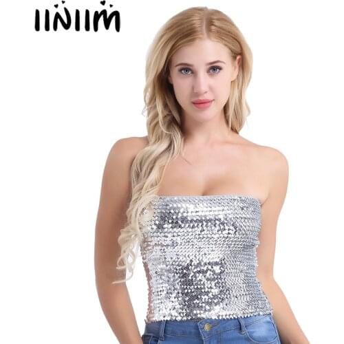 Womens Tanks Glitter Reflective Sequins Stretch Tank Crop Top Costumes Party Ladies Fashion Clubwear Strapless Tube Top Bra
