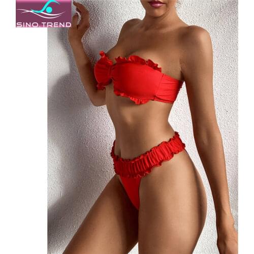 New Solid Ruffled Frilled Bandeau Bikini Women Lettuce Bow Front Swimwear Female Swimsuit Two-pieces Strapless Bather