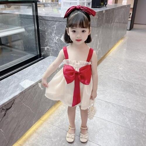 2021 New Summer Kids Clothes Girls Sleeveless Mesh Sling Princess Dress Fashion Big Bowknot Birthday Party Dress 2-7Yrs Vestido