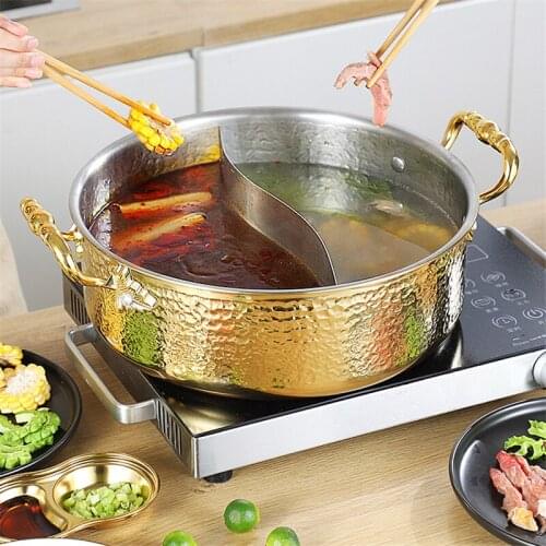 3-layer steel clear soup pot Commercial double flavor hot pot 304 stainless steel hot pot Italian manual hammer printing pot