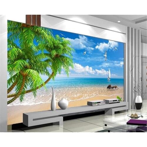 3d Wallpaper For Kitchen Coconut Sailboat Maldives Seascape Digital Printing HD Decorative Beautiful Wallpaper
