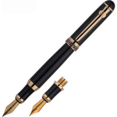 Duke D2 Classic Black / Golden Clip D2 Medium Nib Fountain Pen With 1PC Calligraphy Fude Bent Nib Interchangeable Set Stationery
