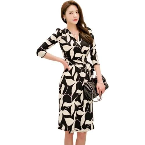 Wrap Dress one piece korean ladies half Sleeve V neck elegant print loose party Dresses for women clothing