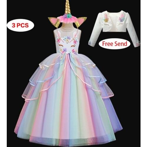 Teens girls New year party childrens mesh cake fluffy long dress unicorn princess dress for girls festival performance dress