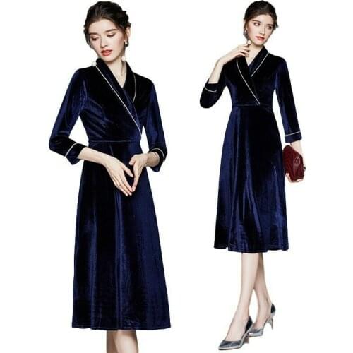 Women Blingbling Crystal Velvet Dress Mid Length Temperament Cocktail Evening D