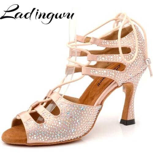 Ladingwu Women Latin Dance Shoes Skin Satin Shining Big small rhinestone dancing shoes Narrow foot Adjust width Flare heel 9cm