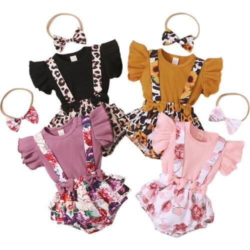 Summer Cute Girls Clothes Sets Newborn Infant Baby Ribbed Fly Sleeve T-Shirt Flower Print Suspender Skirt Headband 3pcs Outfits