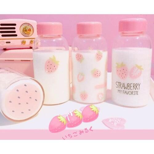 Summer Cute Strawberry Transparent Glass Bottles Portable Cover Student Hand Milk Bottle Ins Girl Heart Cold Water Bottle