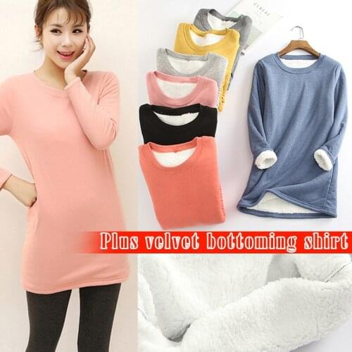 Fashion Autumn Ladies Warm Thick Bottom Shirts Women Casual T-shirt Cotton Warm Winter Thick Long Sleeve Round Collar Tops
