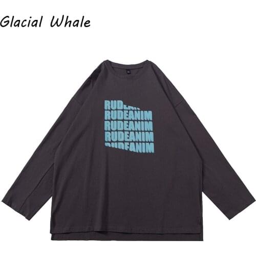 GlacialWhale Long-sleeved Men 2021 New Autumn Dark gray Print T-shirt Male Streetwear Hip Hop Round neck Trendy Mens Clothing