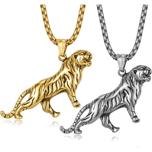 New Punk Roaring Tiger Vintage Pendant Necklaces for Men Gold Silver Color Titanium Steel Male Fashion Party Jewelry