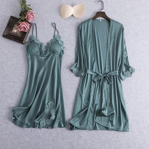 Robe Suit Sexy Pajamas Gown Set Womens V-Neck Cami Nighties 2PC Wear Pijama Print Home Nightwear Lingerie Spring Lady Nightdress