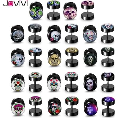 Jovivi Stainless Steel 10mm Skull Head Stud Earring Women Men 16G Screw Back Ear Studs Fake Ears Expanders Body Piercing Jewelry
