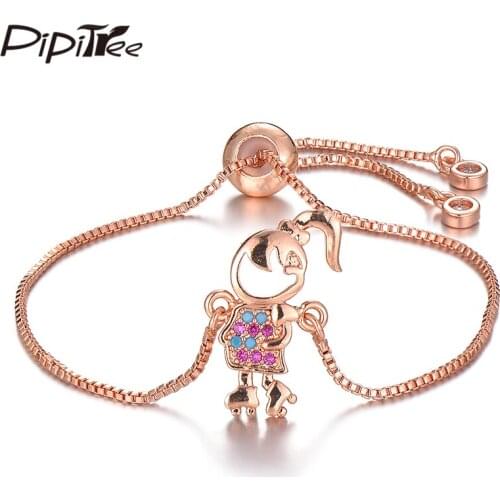 Pipitree Cute Skating Girl Charm Bracelet Family Jewelry 4 Colors Copper CZ Zircon Bracelets for Women Girls Brand Chain Pulsera