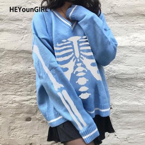 HEYounGIRL Skull Print V Neck Y2K Oversized Sweater Harajuku Casual Loose Knitted Top Pullovers Korean Punk Ladies Jumper Winter
