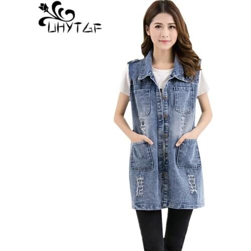 UHYTGF Women sleeveless jacket Single-breasted loose spring autumn denim vest Female fashion hole 5XL plus size jeans vests 648