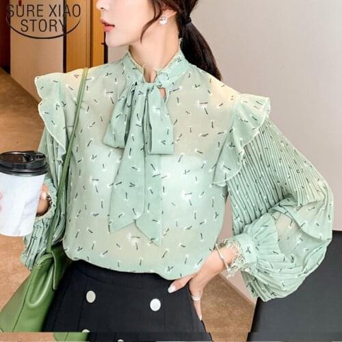 Autumn 2021 New Fashion Long Sleeve Bow Women Blouse Chiffon Women Tops Elegant Printing Women Clothing Casual Blouse 5332 50
