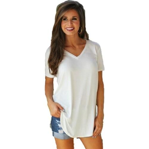 Womens T-shirt Summer Plus Size Basic Long T Shirt Top Women Solid V Neck Short Sleeve Long Casual Women Loose Tee Shirt Femme