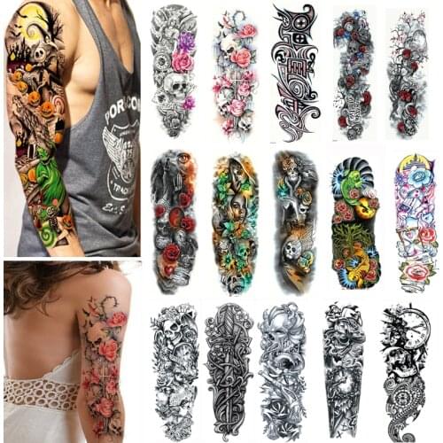 3/4Pcs Sleeve Tattoo Waterproof Temporary Tattoo Stickers Full Arm Large Skull Tatoo Stickers Flash Fake Tattoos for Men Women