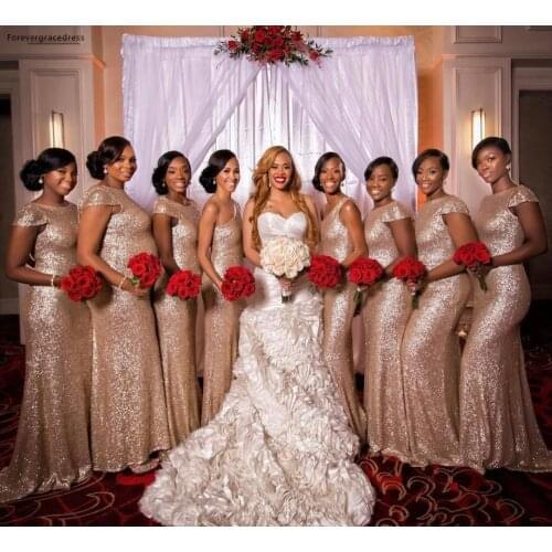 2019 Rose Gold Sequined Bridesmaid Dress Mermaid Long Country Garden Formal Party Guest Maid of Honor Gown Plus Size Custom Made