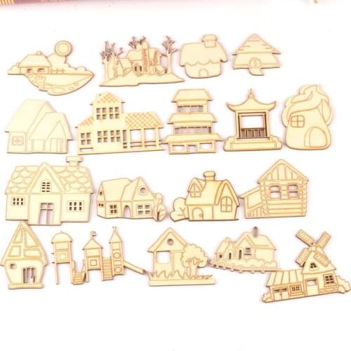 Natural Wooden House Scrapbooking Diy Craft for handcraft home decor ornament 5pcs 50-80mm mt2526
