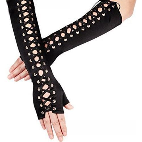 Satin Opera Evening Party Prom Costume Gloves Long Black Lace Tie Gloves Sexy Half Finger Nightclub Gloves