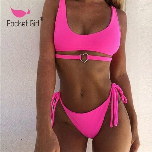 Pocket Girl 2020 Women Solid Biquini Push Up Bikini Set Love Bandage Swimsuit Swimwear Female Bathing Suit String Strap Bikinis